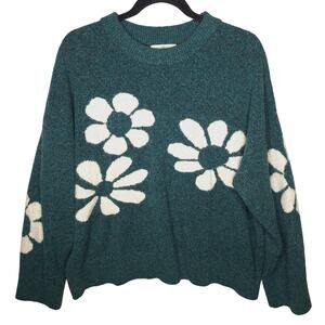 Natural Life Daisy Sweater XL Pullover Floral Boxy Knit Chunky Teal Green Boho